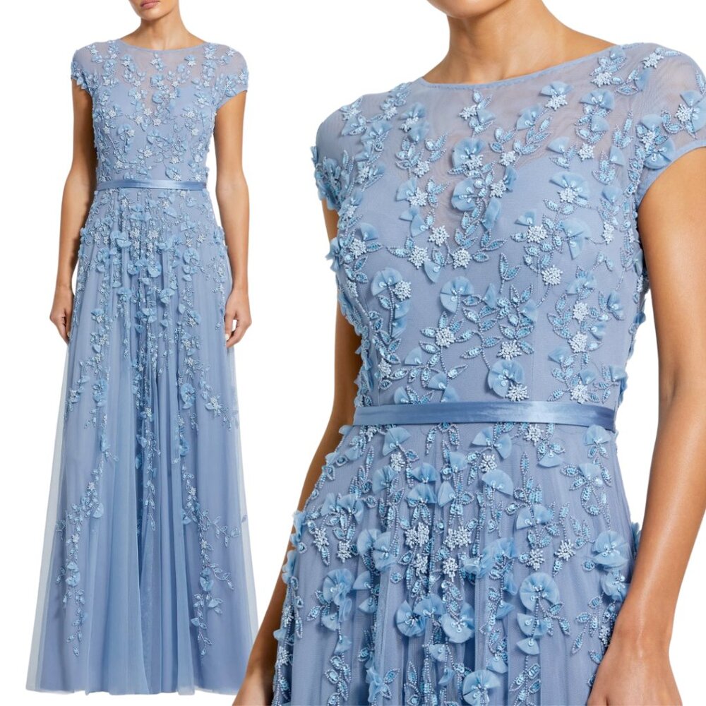 Mac Duggal 14521 Womens Size 10 Blue Floral Beaded Short‎ Sleeve Gown Maxi Dress